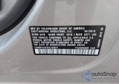 2013 Volkswagen Passat 2.5L Se из США, поврежденный, VIN 1VWBP7A37DC122877